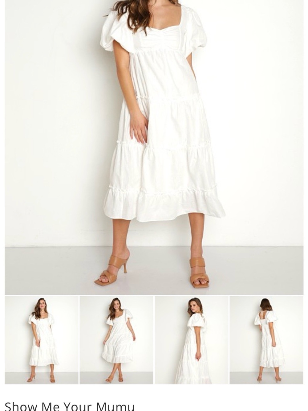 Show Me Your MuMu White Puff-Sleeve Tiered Midi Dress. Original price $188